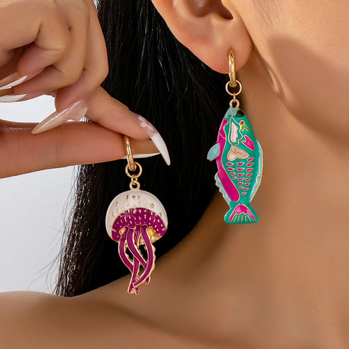 Enamel Ocean Series Earrings - Jellyfish and Trout