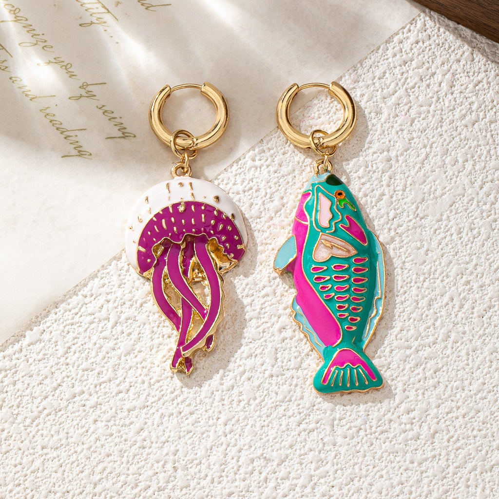 Enamel Ocean Series Earrings - Jellyfish and Trout