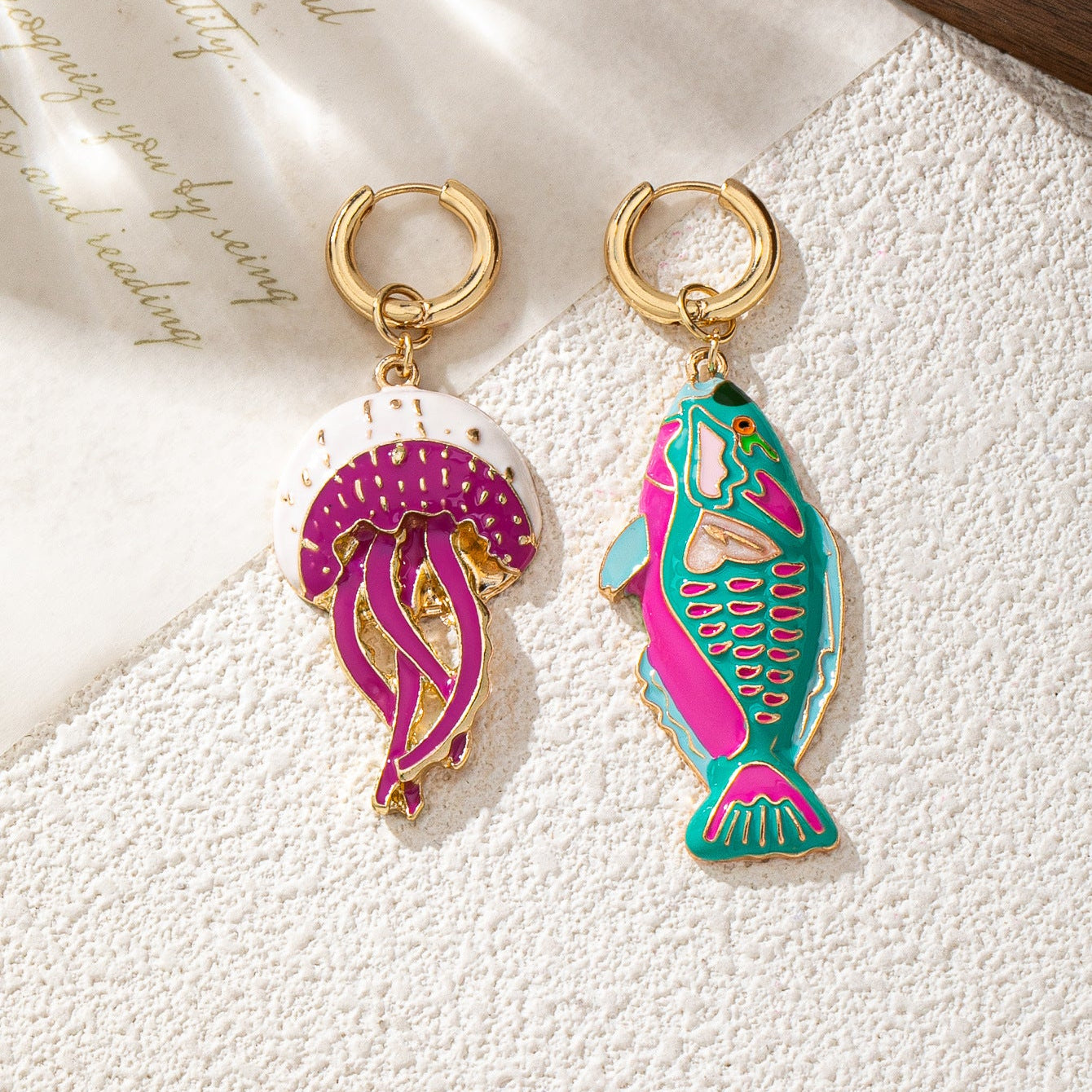 Enamel Ocean Series Earrings - Jellyfish and Trout