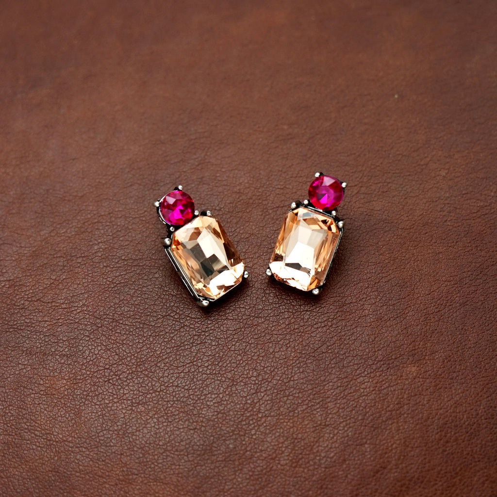 Pink Handmade Large Square Glass Austrian Stud Earrings