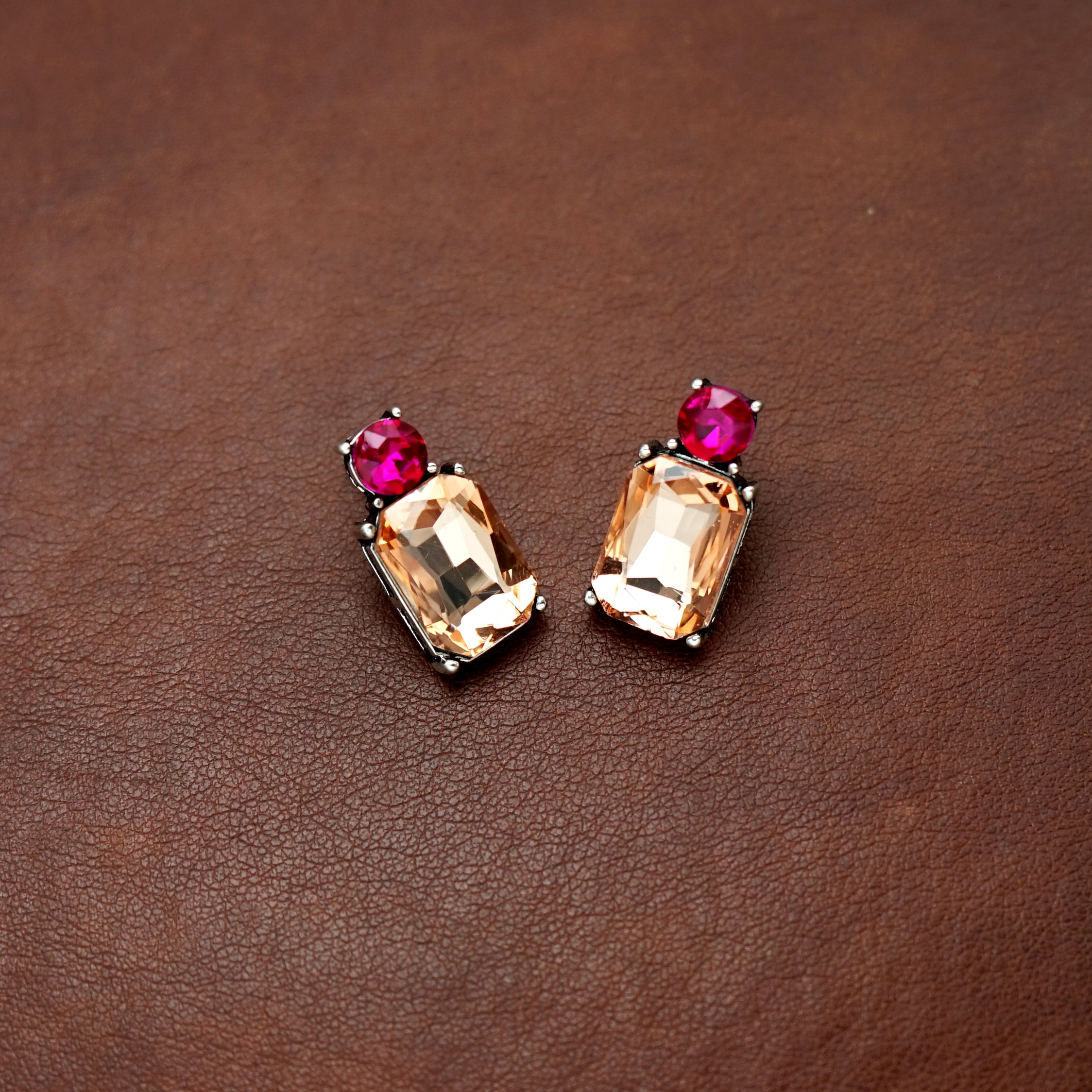 Pink Handmade Large Square Glass Austrian Stud Earrings